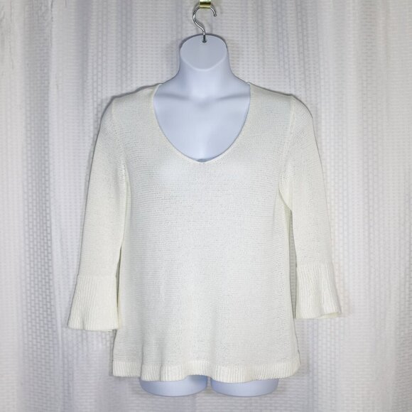 LOFT Sweaters - Ann Taylor Loft Size L White Knit Summer Sweater Bell Sleeve, V-neck Cotton